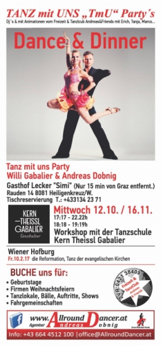 Dance and Dinner Flyer Juli3 TmUGasthof Lecker Simi mit Willi Gabalier Mi 12.10. u.16.11. und W Hofburg Fr. 10.2.17 Buche uns